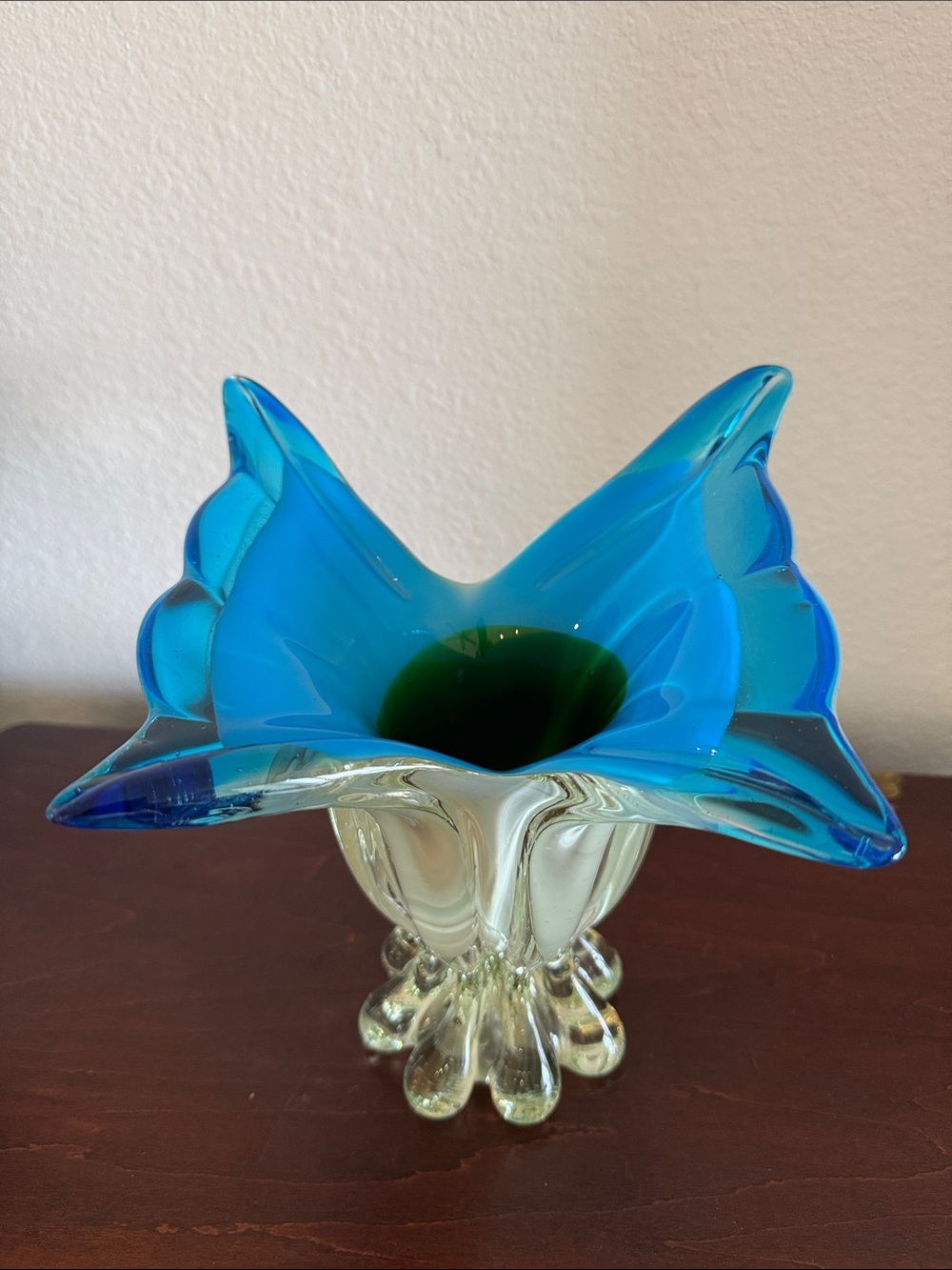 Blue Art Glass Ruffled Vase